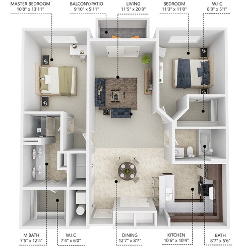 Floor plan for 2 beds, 2 baths, 1110 sqft
